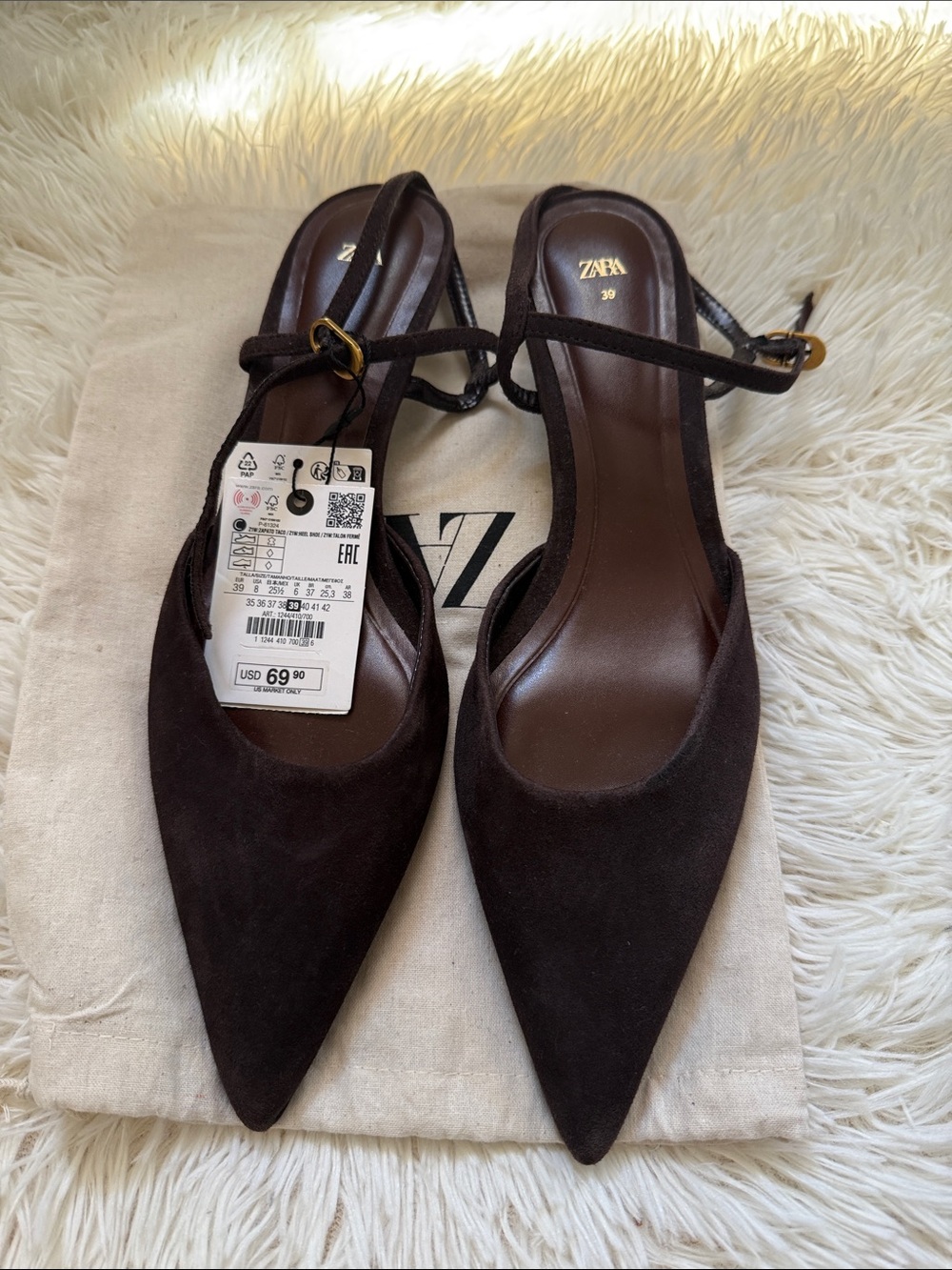 Zara Dark Brown Suede Pointed-Toe Slingback Flats
